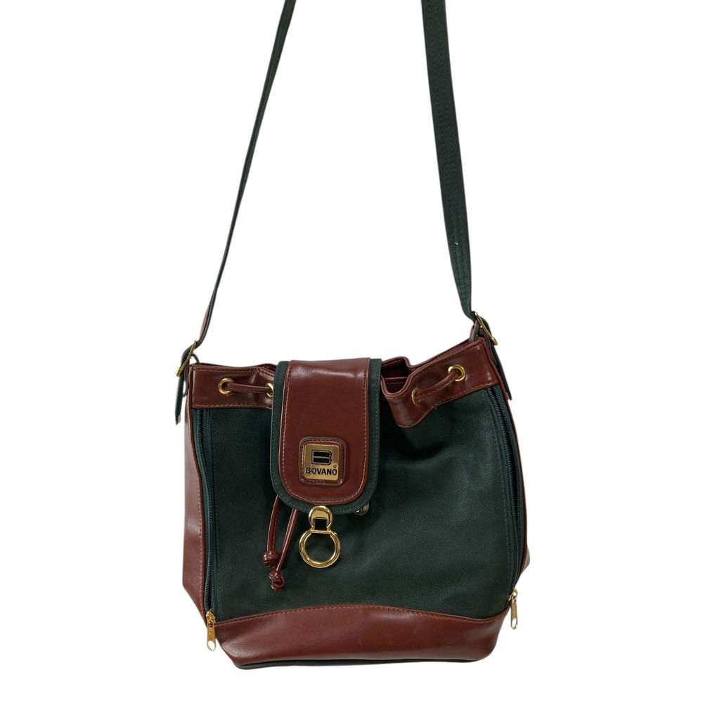 BOVANO VTG Drawstring Bucket Bag Shoulder‎ Bag Purse Brown Green Suede Leather